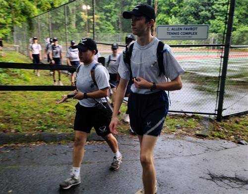 Cadets walk back to the dorms after a morning physical fitness session